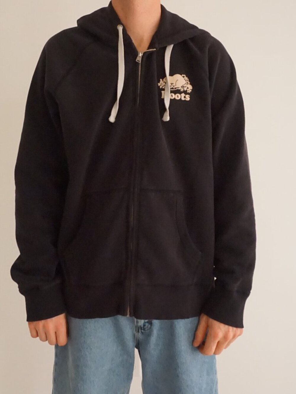 Vintage Roots Black Beaver Maple Leaf Canada Logo Heavyweight Full Zip Hoodie XL
